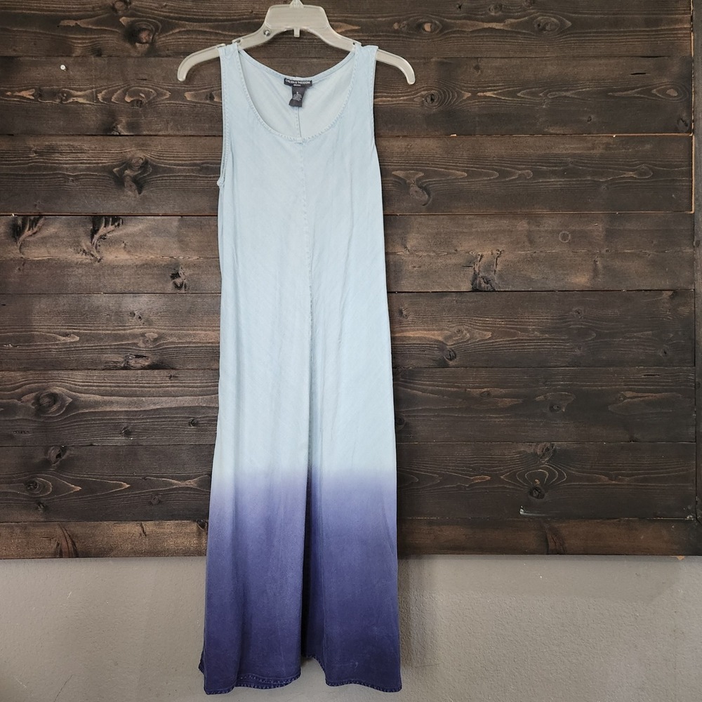 Chelsea & Theodore Blue Ombre Dip Dye Tencel Sleeveless Maxi Dress Pockets S